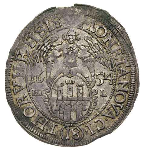 ort 1654, Toruń, T. 5, wada blachy, ale ładnie zachowany egzemplarz z lustrem menniczym, patyna, rzadki
