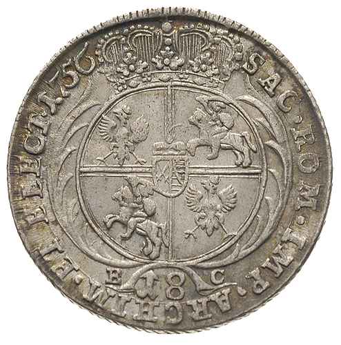 ort 1756, Lipsk, Kahnt 689 (wariant awersu c -masywne popiersie i szeroka korona, duże literki E - C), bardzo ładny, patyna