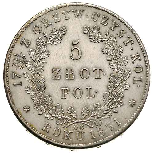 5 złotych 1831, Warszawa, Plage 272, minimalnie justowane, ale bardzo ładne