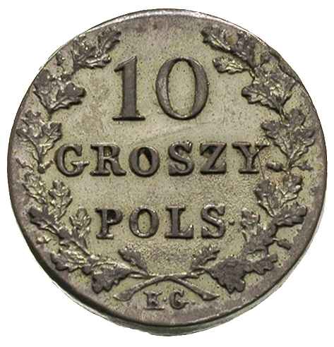 10 groszy 1831, Warszawa, nad wiązaniem wieńca dwie małe gałązki, Plage 276, piękne, delikatna patyna