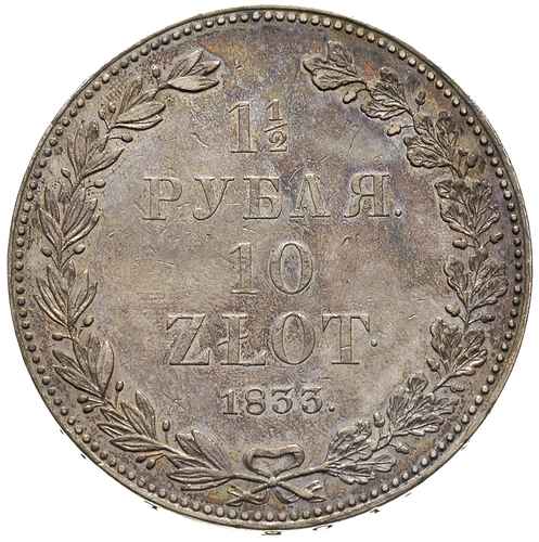 1 1/2 rubla = 10 złotych 1833, Petersburg, korona szeroka, Plage 313, Bitkin 1083, ładny z ciemną patyną