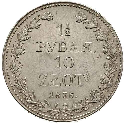 1 1/2 rubla = 10 złotych 1836, Warszawa, cyfry daty mniejsze, Plage 325, Bitkin 1132, bardzo ładne