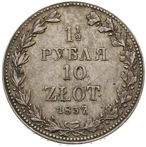 1 1/2 rubla = 10 złotych 1837, Warszawa, cyfry daty duże, Plage 333, Bitkin 1133, patyna