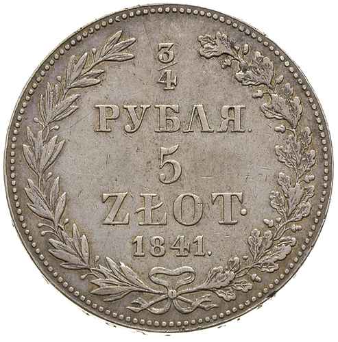3/4 rubla = 5 złotych 1841, Warszawa, odmiana z kropką po wyrazie РУБЛЯ, Plage 369, Bitkin 1150, patyna