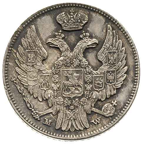 15 kopiejek = 1 złoty 1837, Warszawa, Plage 408, Bitkin 1170, moneta z dużym blaskiem menniczym, patyna