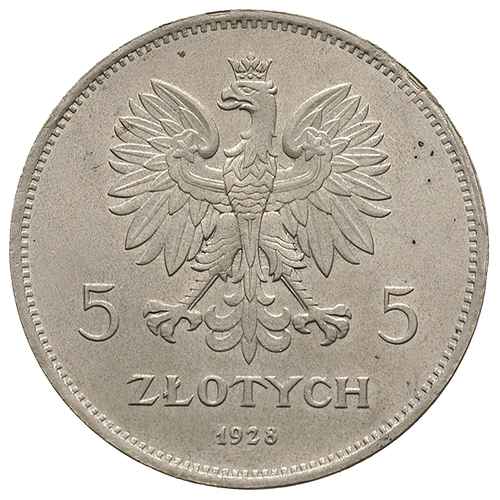 5 złotych 1928, Bruksela, Nike, na rewersie z prawej strony wklęsły napis ESSAI, poniżej cyfra 30, nikiel 12.86 g, Parchimowicz P-142.i, bardzo ładnie zachowane