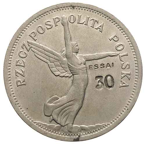 5 złotych 1928, Bruksela, Nike, na rewersie z prawej strony wklęsły napis ESSAI, poniżej cyfra 30, nikiel 12.86 g, Parchimowicz P-142.i, bardzo ładnie zachowane