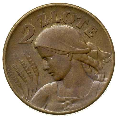 2 złote 1924, Warszawa, Głowa kobiety z kłosami, brąz 8.74 g, Parchimowicz P-133 f, nakład 40 sztuk piękny egzemplarz z lekko złocistą patyną, bardzo rzadkie