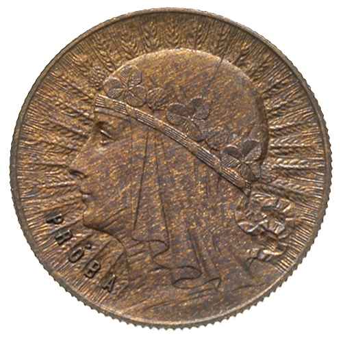 1 złoty 1932, Głowa kobiety, na rewersie wypukły napis PRÓBA, brąz 3.20 g, Parchimowicz P-131.b, nakład 100 sztuk, rzadki, ładnie zachowany egzemplarz, patyna