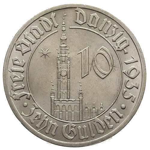 10 guldenów 1935, Berlin, Ratusz gdański, Parchimowicz 69, piękny egzemplarz, rzadkie