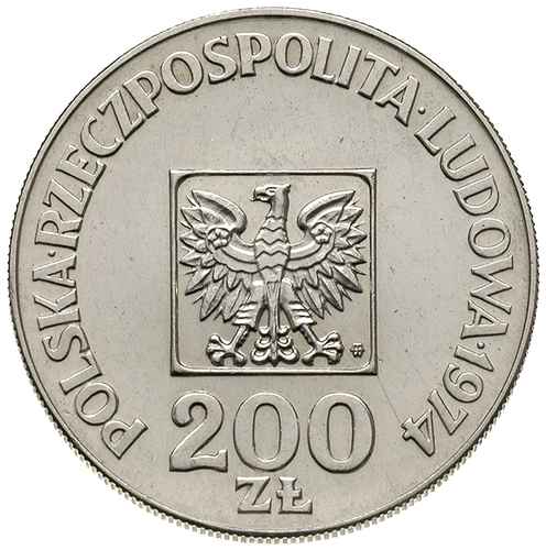 200 złotych 1974, Warszawa, na rewersie wypukły napis PRÓBA, srebro 14.49 g, Parchimowicz P-418.b, nakład 20 sztuk, bardzo rzadkie