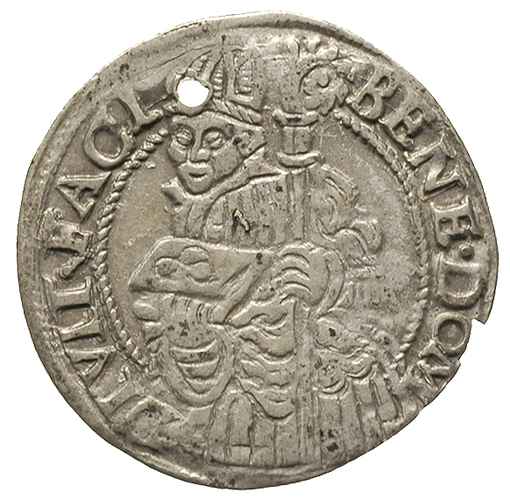 grosz 1561, Cieszyn, F.u.S. 2953, moneta przedziurawiona, ale dość ładne lustro mennicze, bardzo rzadki