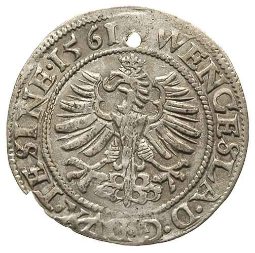 grosz 1561, Cieszyn, F.u.S. 2953, moneta przedziurawiona, ale dość ładne lustro mennicze, bardzo rzadki