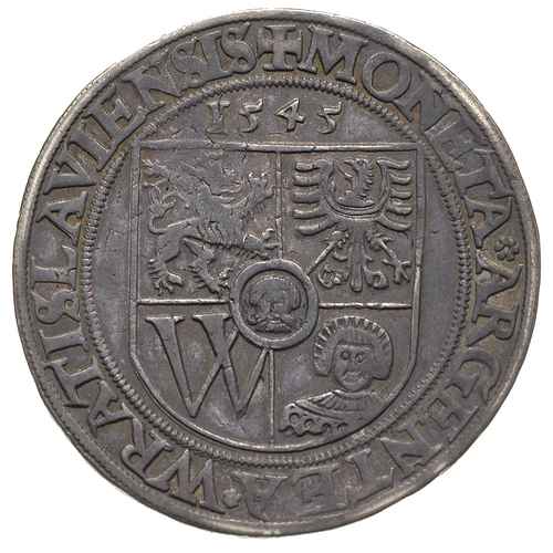 Ferdynand I 1527-1564, talar 1544, Wrocław, Aw: Tarcza herbowa i napis wokoło, Rw: Lew i napis wokoło, 28.61 g, F.u.S. 3413, Dav. 8993, rysy w tle, ciemna patyna