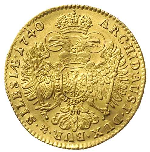 Karol VI 1711-1740, dukat 1740, Wrocław, Popiersie w prawo i napis wokoło, Rw: Orzeł cesarski i napis wokoło, złoto 3.47 g, F.u.S. 928, Herinek 138, lekko gięty, ale dość ładny