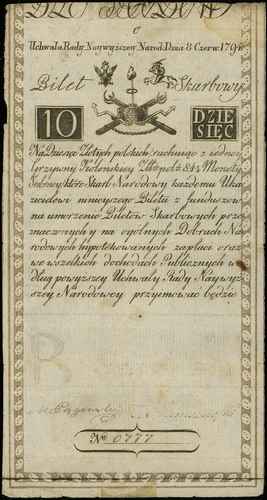 10 złotych polskich 8.06.1794, seria C, numeracja 6777, widoczny fragment firmowego znaku wodnego, Miłczak A2, Lucow 19 (R3), niewielkie plamy
