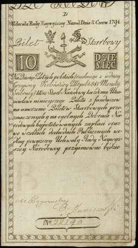 10 złotych polskich 8.06.1794, seria D, numeracja 32196, widoczny mały fragment firmowego znaku wodnego, Miłczak A2, Lucow 21 (R3)