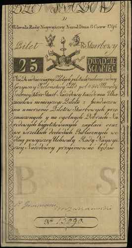 25 złotych polskich 8.06.1794, seria D, numeracja 13090, Miłczak A3, Lucow 27 (ale nie notuje bez firmowego znaku wodnego)