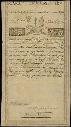 25 złotych polskich 8.06.1794, seria D, numeracja 31102, częściowo widoczny firmowy znak wodny, Miłczak A3, Lucow 27 (R2)