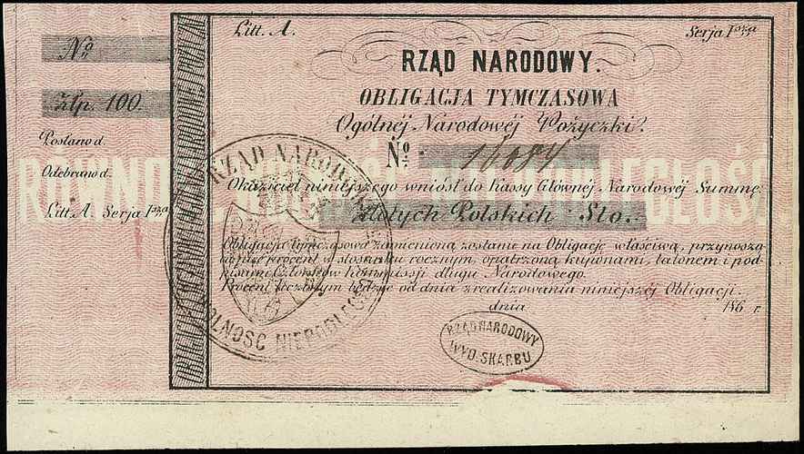 obligacja tymczasowa na 100 złotych polskich 1863, druk na grubym papierze, Moczydłowski S4, Lucow 210 (R2), blankiet z jednokrotną numeracją i 2 stemplami