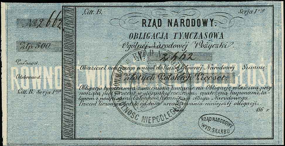 obligacja tymczasowa na 500 złotych polskich 1863, druk na grubym papierze, Moczydłowski S5, Lucow 211 (R3), blankiet z numeracją i 2 stemplami, ładnie zachowana