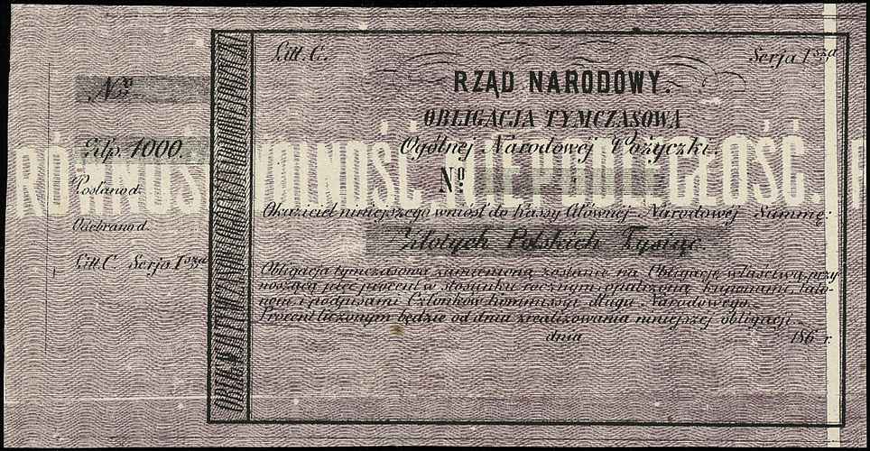 obligacja tymczasowa na 1.000 złotych polskich 1863, druk na grubym papierze, Moczydłowski S6, Lucow 212 (R3), blankiet bez numeracji i bez stempli (blanco), rzadkie w tak ładnym stanie zachowania