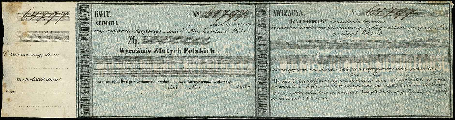Rząd Narodowy, awizacja z 1863 roku, Lucow 217 (ale nie notuje niewypełnionego blankietu), niewypełniony blankiet, ale z numeracją i stemplem Komitetu Centralnego Narodowego na odwrocie, niewielkie plamki, rzadkie