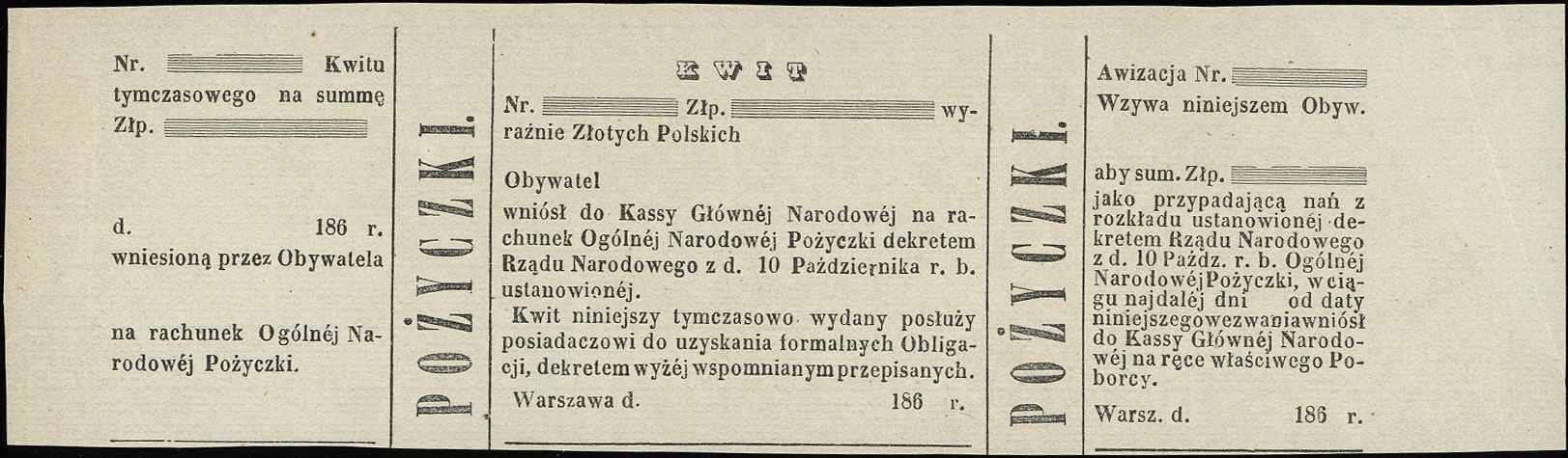 kwit tymczasowy Pożyczki Ogólnej Narodowej Polskiej z 1863 roku, Moczydłowski S21, Lucow 221 (R5) - ale nie notuje bez pieczęci, niewypełniony blankiet, bez pieczęci, pięknie zachowany