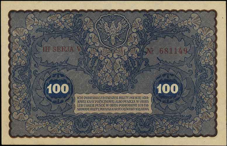 100 marek polskich 23.08.1919, IH seria V, Miłczak 27c, Lucow 388 (R0)