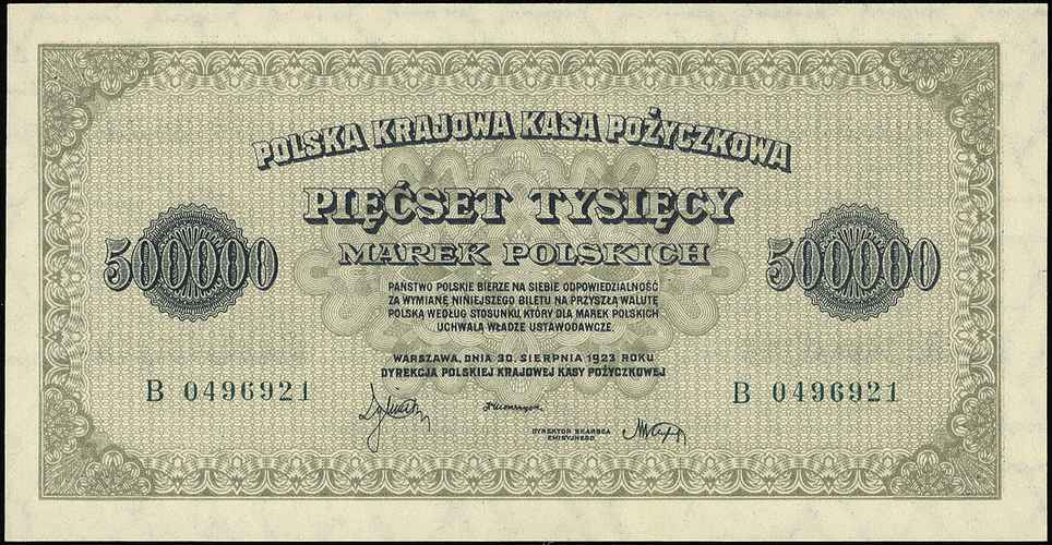 500.000 marek polskich 30.08.1923, seria B, numeracja 7-cyfrowa, Miłczak 36h, Lucow 439 (R4), wyśmienicie zachowane, rzadkie w tym stanie zachowania