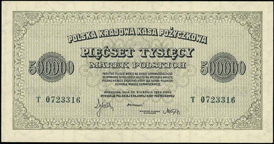 500.000 marek polskich 30.08.1923, seria T, numeracja 7-cyfrowa, Miłczak 36i, Lucow 440 (R4), piękne, rzadkie w tym stanie zachowania