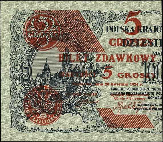 2 x 5 groszy 28.04.1924, lewa i prawa połówka, Miłczak 43a i 43b, Lucow 699 (R2) i 700 (R2), razem 2 sztuki, pięknie zachowane