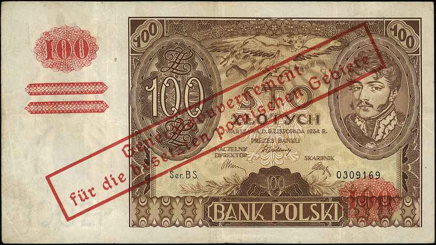 100 złotych 9.11.1934, seria BS., z nadrukiem Generalnej Gubernii, Miłczak 90a, Lucow 762 (R4), rzadkie