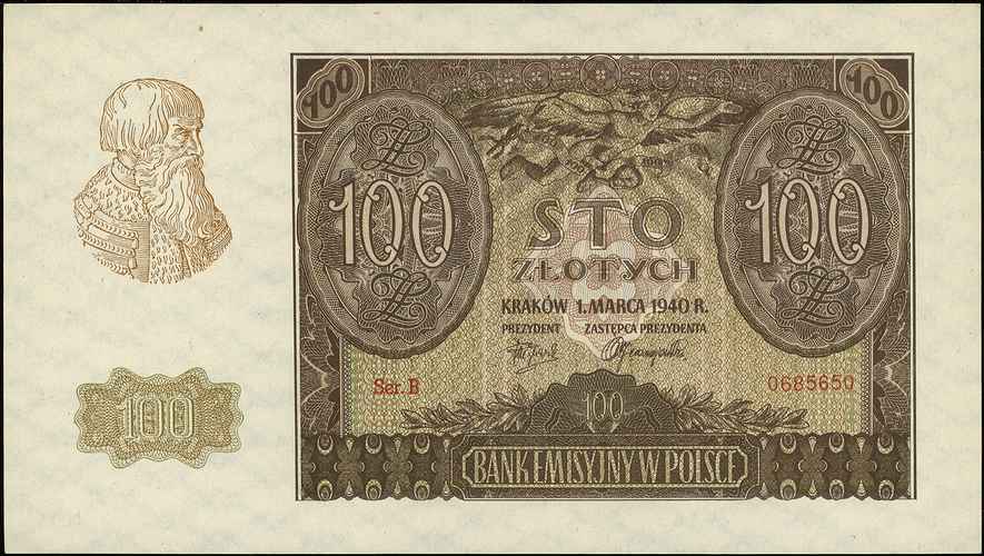 100 złotych 1.03.1940, seria B, Miłczak 97b, Lucow 794 (R3), fałszerstwo z epoki