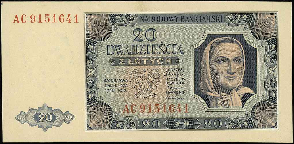 20 złotych 1.07.1948, seria AC, Miłczak 137b, Lucow 1268 (R3), dość rzadka odmiana z dużym numeratorem