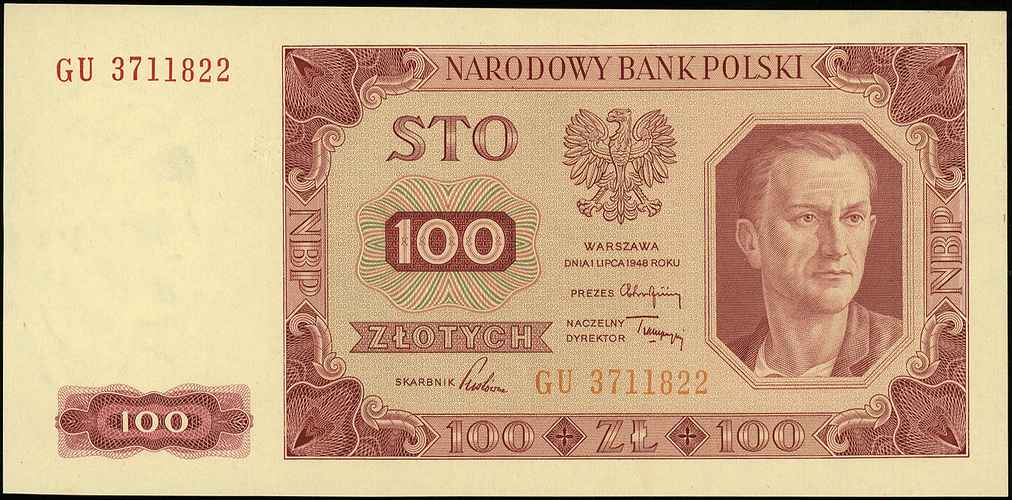 100 złotych 1.07.1948, seria GE, odmiana \bez ramki\" wokół centralnego nominału 100