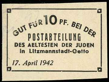Poczta Getta Łódzkiego, bon na 10 fenigów 17.04.1942, duże cyfry nominału, bez numeracji, Miłczak Ł8a, rzadkie i pięknie zachowane