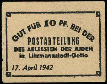 Poczta Getta Łódzkiego, bon na 10 fenigów 17.04.1942, małe cyfry nominału, bez numeracji, Miłczak Ł8c, rzadkie i pięknie zachowane