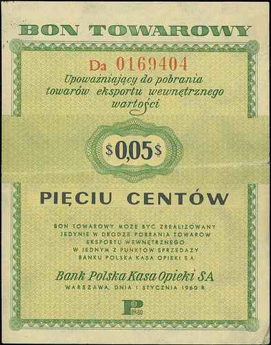 Bank Polska Kasa Opieki S.A., zestaw 1, 5 i 10 centów 1.01.1960, serie Dl (z klauzulą), DA (z klauzulą) i Bb (bez klauzuli), Miłczak B1b, B2b i B3a, razem 3 sztuki