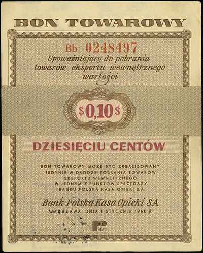 Bank Polska Kasa Opieki S.A., zestaw 1, 5 i 10 centów 1.01.1960, serie Dl (z klauzulą), DA (z klauzulą) i Bb (bez klauzuli), Miłczak B1b, B2b i B3a, razem 3 sztuki