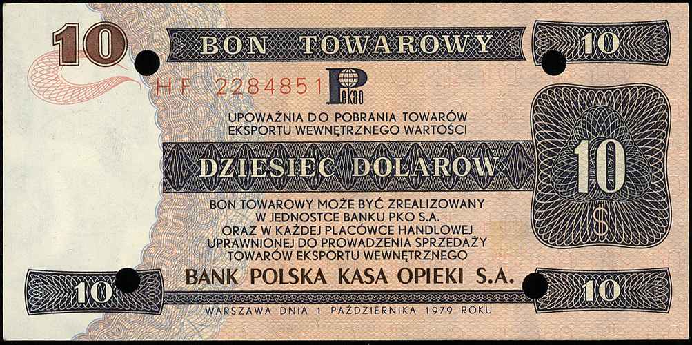 Bank Polska Kasa Opieki S.A., 10 dolarów 1.10.1979, seria HF, Miłczak B33, czterokrotnie perforowane, bardzo ładnie zachowane