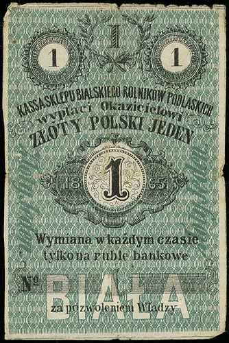 Biała Podlaska, Kassa Sklepu Bialskiego Rolników Podlaskich, 1 złoty polski, 1865, Jabł. 65, nie wypełniony druk /blanko/