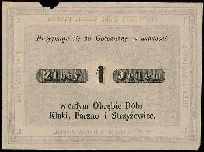Kluki, Parzno i Strzyżewice - Dobra w obwodzie Piotrkowskim, bon na 1 złoty, Jabł. 368, ubytek na górnym marginesie