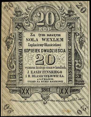 Lublin, J. Zaszczynski i R. Błaszczykiewicz, bon na 20 kopiejek 1861, ważne do 31.12.1862, Jabł. 466, przebarwienie na lewym marginesie