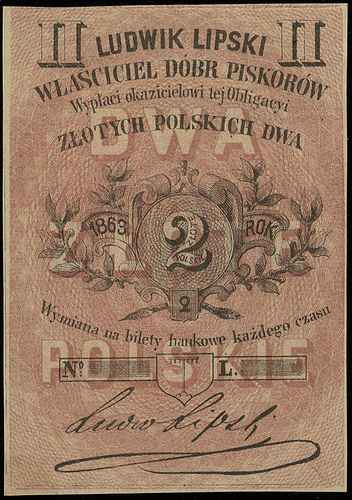 Piskorów, dobra Ludwika Lipskiego, bon (obligacja) na 2 złote polskie 1863, bez numeracji, ale z podpisem, Jabł.-, pięknie zachowane