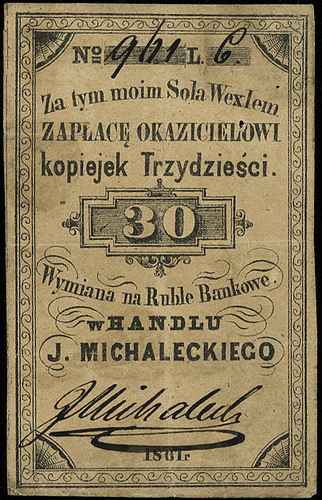 J. Michalecki, bon na 30 kopiejek 1861 do wymiany w Handlu J. Michaleckiego, Jabł. -, odręczna numeracja i podpis właściciela sklepu tuszem