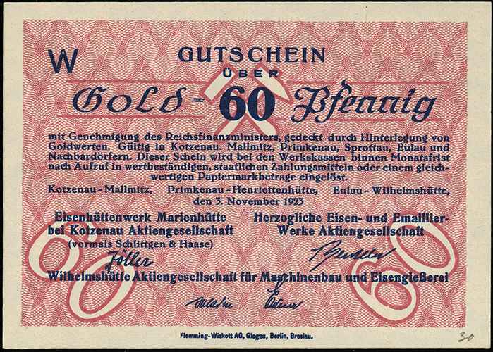 Chocianów /Kotzenau/, Eisenhüttenwerk Marienhütte bei Kotzenau AG, Herzogliche Eisen- und Emaillier- Werke AG, Wilhelmshütte AG für Maschinenbau und Eisengießerei, 1 (M), 5 (M), 10 (H) i 60 (W) fenigów 3.11.1923, Keller 261.a,b,c, łącznie 4 sztuki