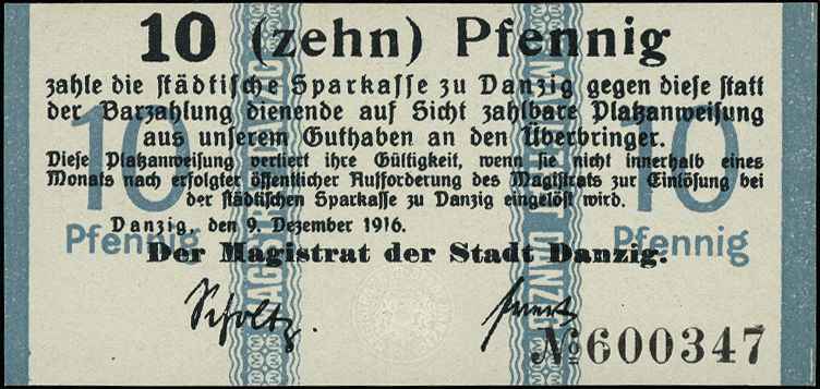 Gdańsk /Danzig/, 10 i 50 fenigów 9.12.1916, Grabowski D3.1.a,c, Podczaski WD-100.B.1.b i WD-100.B.2.a, razem 2 sztuki