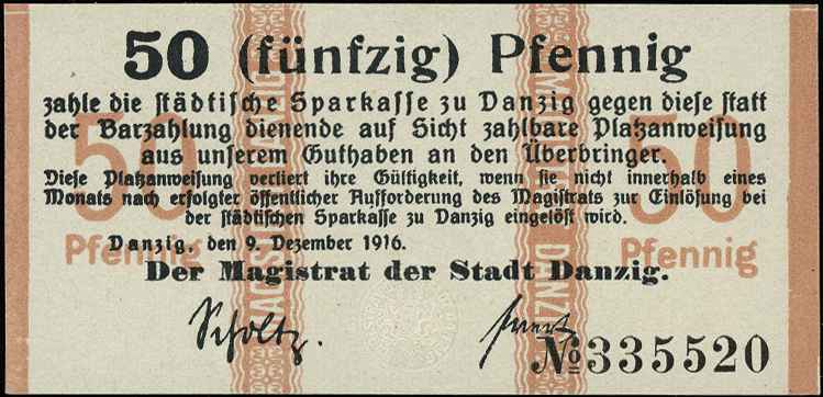 Gdańsk /Danzig/, 10 i 50 fenigów 9.12.1916, Grabowski D3.1.a,c, Podczaski WD-100.B.1.b i WD-100.B.2.a, razem 2 sztuki
