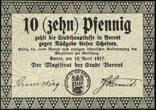 Kościerzyna /Berent/, 10 i 50 fenigów 16.04.1917, Grabowski B23.1.a i b, Podczaski W-023.1.b i W-023.2, razem 2 sztuki